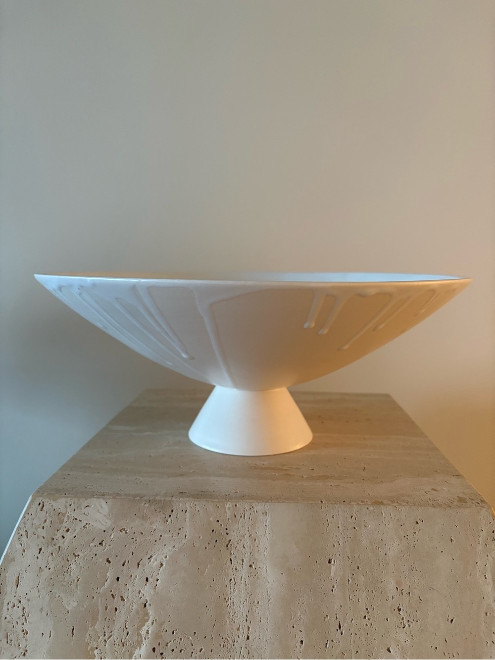 White Decorative Pedestal Bowl with Drip Glaze detail